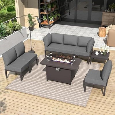 ALAULM Metal Patio Furniture Set Modern Metal Outdoor Conversation Sets w/45in Propane Fire Pit Table, Patio Sectional Sofa w/5 Inch Cushion