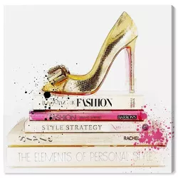 12" x 12" Gold Shoe and Fashion Books Fashion and Glam Unframed Canvas Wall Art in Gold - Oliver Gal