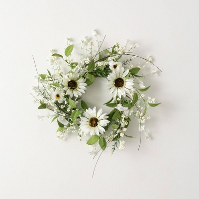 Sullivans Artificial Sunflower and Wispy Berry Mini Wreath 16.5"H; White