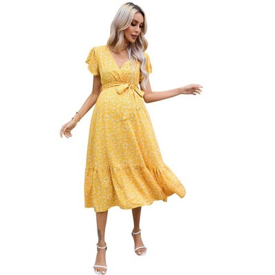 Women's Maternity V Neck Wrap Midi Summer Dress Short Sleeve Boho Casual Nursing Dress Baby Shower Photoshoot Belt
