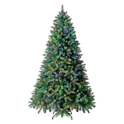 Evergreen Classics 7.5 Foot Pre Lit Washington Spruce Artificial Holiday Tree with 400 Color Blast Multicolor LED Lights and Metal Stand