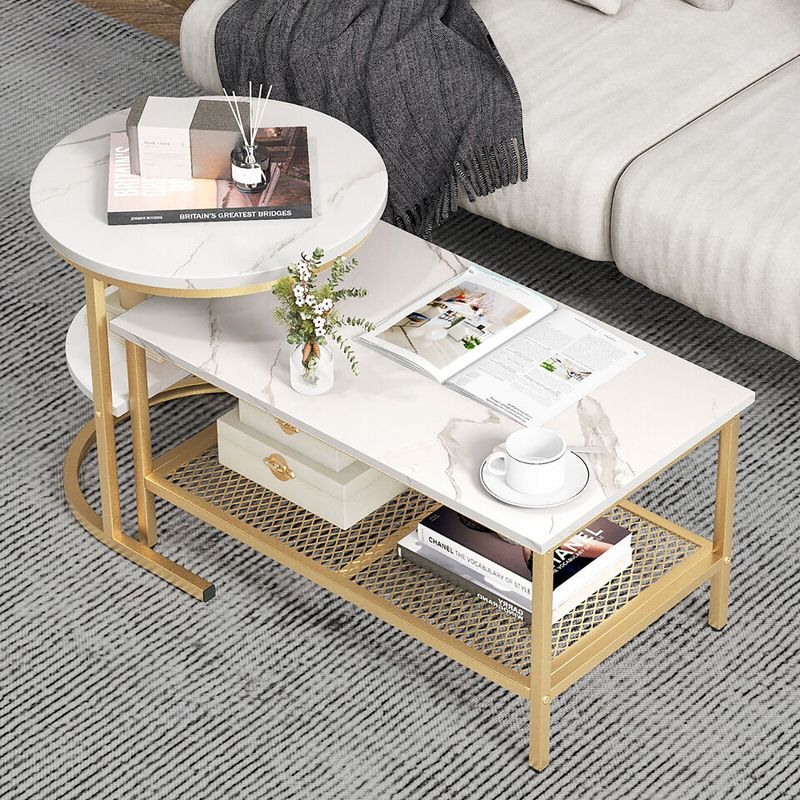 Tangkula Nesting Coffee Table Set of 2 Faux Marble Top Detachable w/ Storage Shelf, 3 of 11
