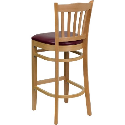 Natural Wood Barstool with Burgundy Vinyl Seat
