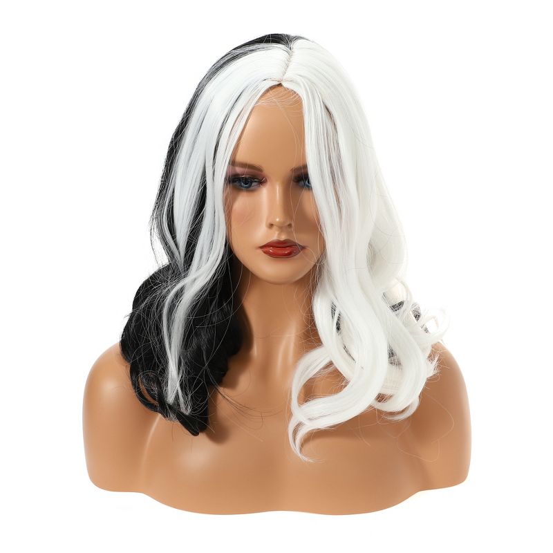 Unique Bargains Curly Women's Wigs 16" Black White with Wig Cap Natural Full Medium Wavy, 1 of 7