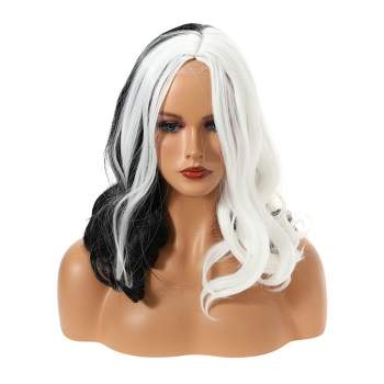 Unique Bargains Curly Women's Wigs 16" Black White with Wig Cap Natural Full Medium Wavy