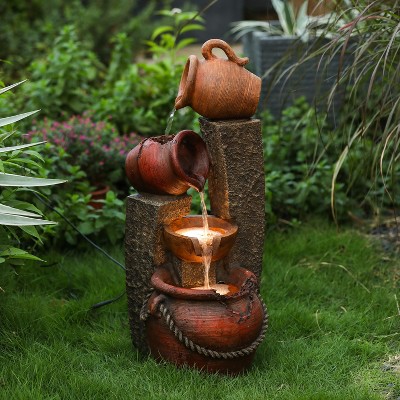 Rustic Brown Poly Resin 3-Tier Outdoor Fountain with LED Lights