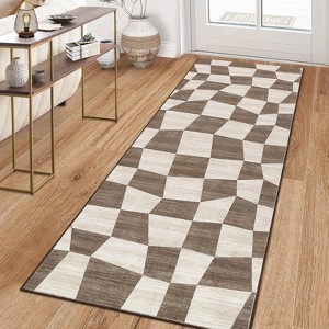 Acekool 2x6 Washable Plaid Rug – Modern Non-Slip Hallway Carpet, Stain-Resistant Geometric Design in Coastal Blue - 1 of 4