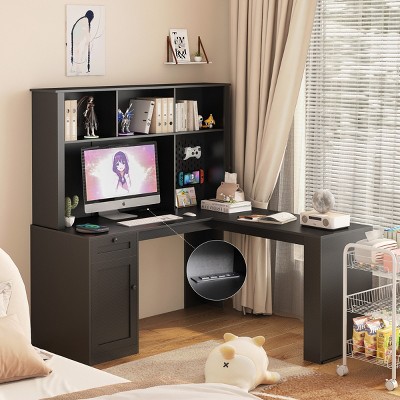 L Shaped Desk Modern with Charging Station and Bookshelf Storage for Home Office 59in Wide - 3irtyhousy