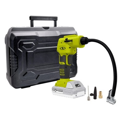 Sun Joe Auto Joe Portable Air Compressor, 24 Volt 2 Ah Cordless Tire Inflator Pump with Battery and Charger for Bike and Pool Accessories, Green