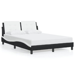 vidaXL Full Faux Leather Bed Frame with Headboard - Black/White - 53.9"x74.8" - Modern Waved Design - Plywood Slats & Foam Headboard - 1 of 4