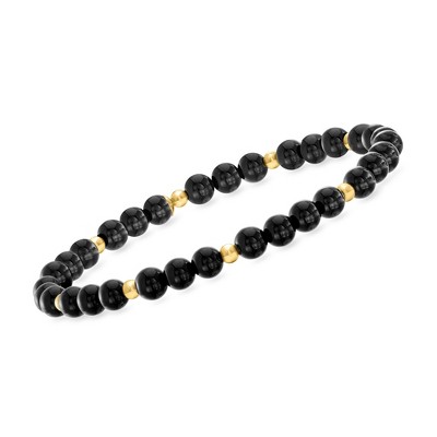 Pure Collection by Ross-Simons 5mm Onyx Bead Stretch Bracelet With 14kt Yellow Gold