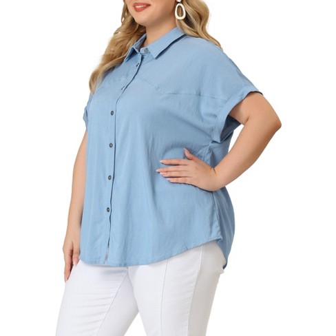 Unique Bargains Women's Plus Size Chest Pocket Long Sleeve Denim Chambray  Shirt 1X Blue