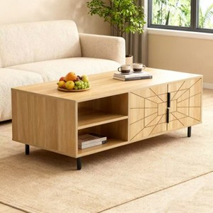 Homy Casa Rectangular Coffee Table with Storage Cabinet and Open Shelf for Living Room, Oak - 1 of 4