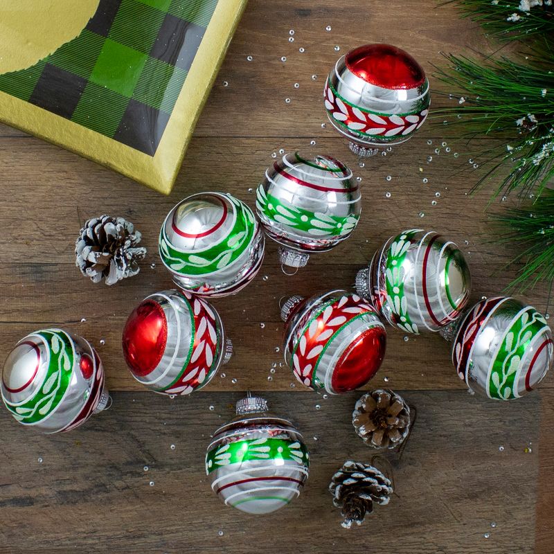 Northlight 9ct Shiny Silver with Red and Green Glitter Striped Vintage Christmas Ornaments 2.75 (55 mm), 2 of 3