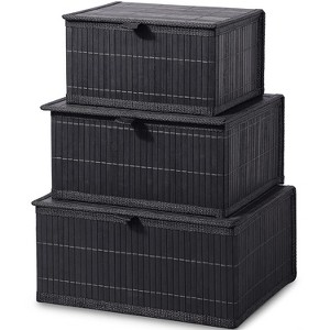 Aoibox Set of 3 Bamboo Woven Lined Storage Baskets with Lids Black Decorative Organizer for Home Kitchen Shelf - 1 of 4