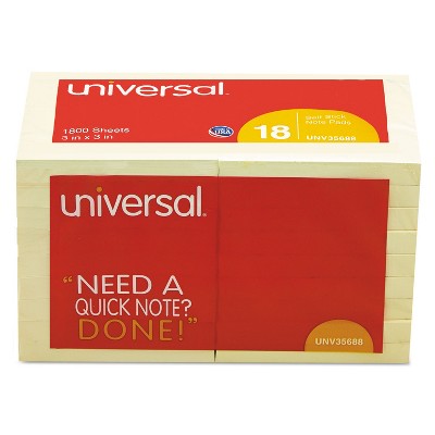 UNIVERSAL Standard Self-Stick Notes 3 x 3 Yellow 100-Sheet 18/Pack 35688