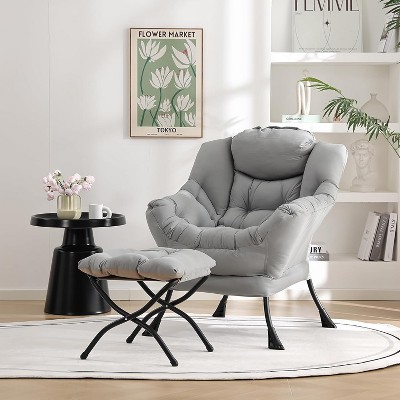 Lazy Chair with Ottoman, Modern Large Cotton Fabric Lazy Chair