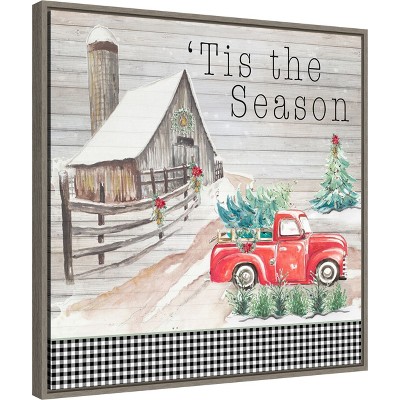 Christmas Red Truck and Barn Framed Canvas Wall Art