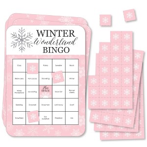 Big Dot of Happiness Pink Winter Wonderland - Bingo Cards and Markers - Holiday Snowflake Birthday Party and Baby Shower Bingo Game - Set of 18 - 1 of 4