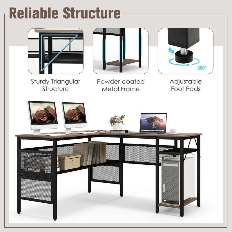 Tangkula L Shaped Desk with Charging Station 55” Reversible Corner Computer Desk with Mesh Storage Shelves CPU Stand 2 Person Gaming Desk, 5 of 11