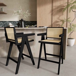 Set of 2 Modern Cane-Style 27 Inch Bar Stool, PE Rattan Armrest Bar Stool with Full Back, Bar Stool with Rubberwood Frame-Coolbibila - 1 of 4