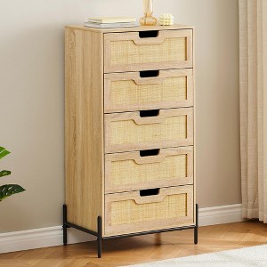 Natural Rattan Dresser, Wooden Chest of Drawer, Farmhouse Storage Cabinet, Bedroom Dresser - 1 of 4
