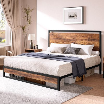 Whizmax 12 Inch Queen Metal Platform Bed Frame with Wooden Headboard and Footboard, Mattress Foundation, Large Under Bed Storage, Rustic Brown