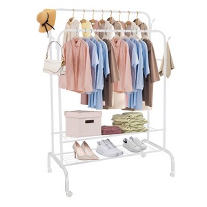 NewHome"Garment Rack with 2 Hanging Rails, 2 Shelves, 4 Wheels & Hooks for Clothes, Shoes & Accessories"Black White - 1 of 4