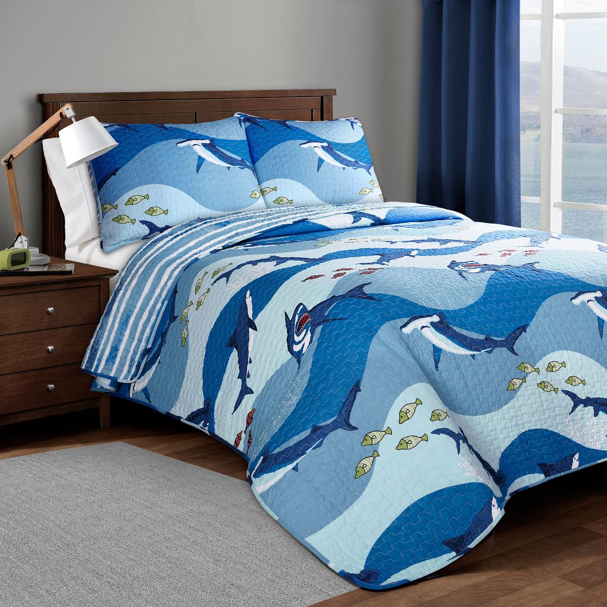 Shark Allover Quilt Set Blue - Lush Décor