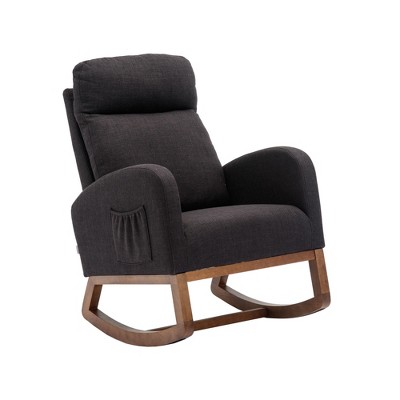 VYNXARIA Rocking Chair,Recliner Armchair with Wood Legs and Side Pocket, Nursery Rocking Accent Chair with High Back(Black linen)
