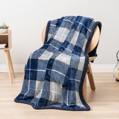 Navy Plaid Reversible Sherpa Fleece Throw Blanket