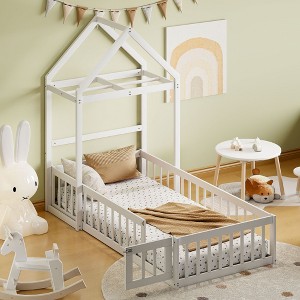 NicBex Twin/Full Size Kids Montessori Bed with Detachable House Shape Headboard,Floor Bed with Kids Dress Up Rack and Fence,Toddler bed for Bedroom - 1 of 4
