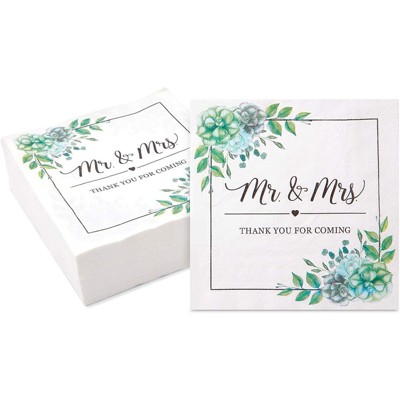 Sparkle and Bash 100 Pack Succulent Floral Mr. and Mrs. Paper Napkins for Wedding (6.5 In)