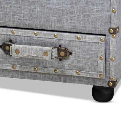 Grey Linen 32" Tufted Storage Ottoman with Antique Brass Accents