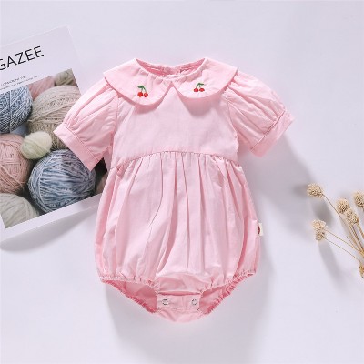 MyKids-USA Baby Girl Solid Color Cherry Embroidered Design Puff Sleeved Onesies