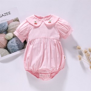 MyKids-USA Baby Girl Solid Color Cherry Embroidered Design Puff Sleeved Onesies - 1 of 4
