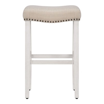 29" Beige Linen Upholstered Wooden Saddle Barstool