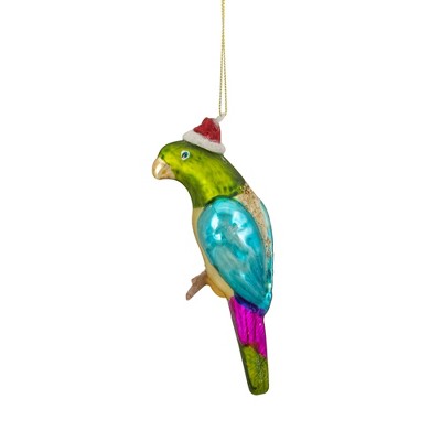 6.25" Green and Blue Parrot with Santa Hat Glass Ornament