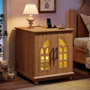 Tribesigns Nightstand with Charging Station & Light, 23.6" Square Night Stand Wooden Bedside Table with Outlet, End Table with Storage, Brown - 1 of 4