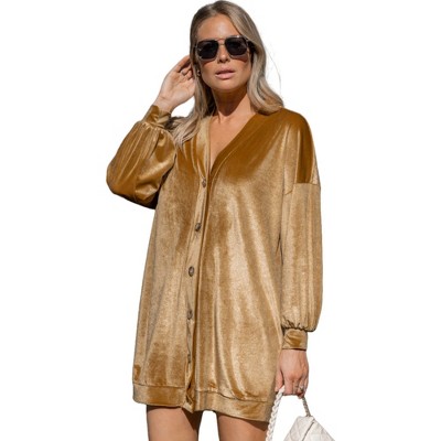 Amaryllis Women's Velvet Button-Down Cardigan with V-Neckline and Puff Sleeves for a Luxe Layering Piece