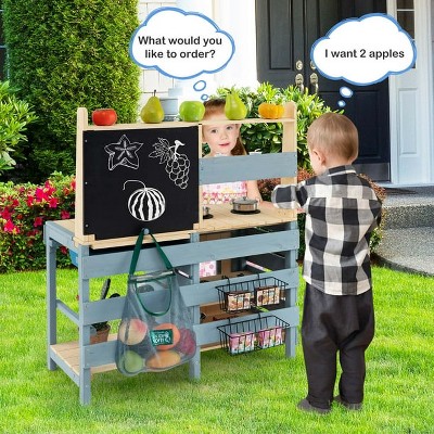 Costzon 2-in-1 Mud Kitchen, Fir Wood Outdoor Play Kitchen & Grocery Store with Sink, Water Box, Faucet, Stoves, Storage Bag & Baskets, Ages 3+