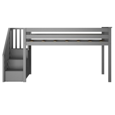 Gray Twin Low Loft Bed with Storage Staircase and Pine Frame