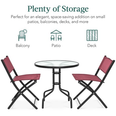 Burgundy 3-Piece Black Steel and Glass Patio Bistro Set