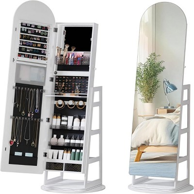 GlasFlength Full Length Mirrors Arched Jewelry Full-Length Mirror Cabinet 3 Storage Shelves for Living Room, White, 16.5"*15.9"*61"