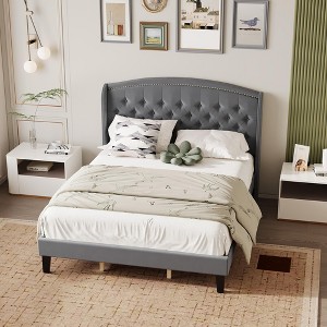 Bed Frame, Soft Velvet Upholstered Platform Bed Frame with Wingback Headboard and Button Tufted Design, Wood Slat Support - 1 of 4
