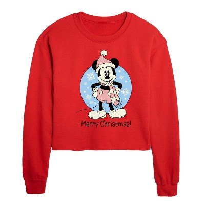 Disney Mickey Merry Christmas Cropped Long Sleeve Crew Neck Sweatshirt - Red - X-Large