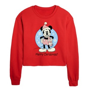 Disney Mickey Merry Christmas Cropped Long Sleeve Crew Neck Sweatshirt - Red - X-Large - 1 of 3