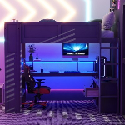 Vynxaria Wood Full Size Gaming Loft Bed with Desk, Multi-storage Shelves,Charging Station, Dark Gray