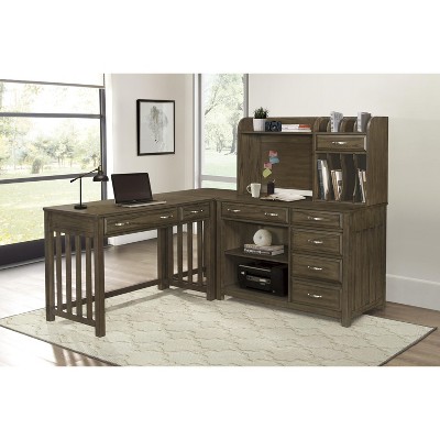 Vynxaria Brown Gray Wooden Desk with Keyboard Tray Modern Traditional Aesthetic 1pc Writing Table for Home Office