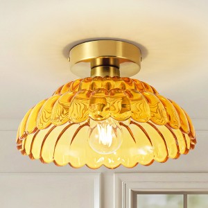 Rennnsan Sydney 11.8 in. 1-Light Modern Gold Dome Semi-Flush Mount Light with Textured Amber Glass - 1 of 4